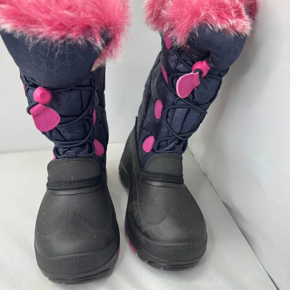 Kamik Snow Boots Kids Size 3 Navy Pink Faux Fur Winter Waterproof